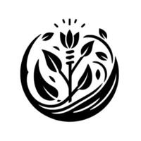 Intricate black and white of a stylized flower with leaves encased within a circular frame, radiating light. vector
