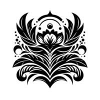 Ornate symmetrical black and white floral featuring stylized leaves, petals, arcs, and dots, creating a classical, elegant aesthetic. vector
