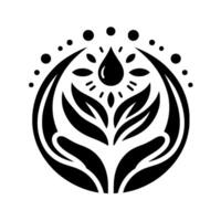A minimalist black and white featuring a water droplet at the center, surrounded by leaflike shapes, radiating lines, and a circular border. vector