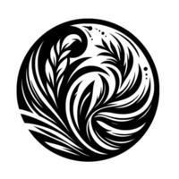 Intricate black and white circular featuring stylized botanical elements, reminiscent of a modern minimalist illustration or tattoo, with a dynamic, organic composition. vector