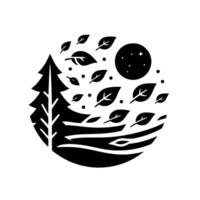 Stylized black and white circular illustration depicting a serene forest scene with a pine tree, falling leaves, a starry night sky, and a flowing river, all within a minimalist . vector