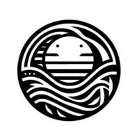 A stylized, circular illustration depicting a serene seascape with a sunlike form at its center, surrounded by fluid, wavelike lines and geometric elements. vector