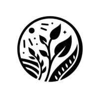 Elegant black and white botanical illustration of a stylized circular arrangement, featuring leaves, a starry accent, and a touch of abstract field lines, symbolizing growth and natures harmony. vector