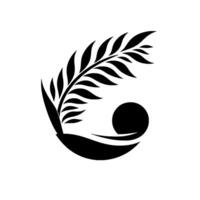 A minimalist featuring a stylized fern frond intertwined with a circle and curving lines, all rendered in stark black against a white backdrop, evoking nature and balance. vector