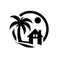A minimalist black and white tropical emblem featuring a palm tree, house, sun, and beach, enclosed within a circle. vector