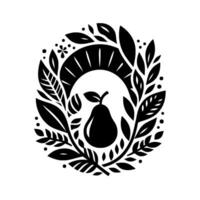 A stylized, monochrome emblem featuring a pear surrounded by an oval wreath of leaves, botanical elements and a unique archway, isolated on white. vector