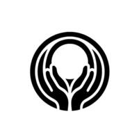 A stylized black and white depicting hands cupping a central white sphere within concentric circles, conveying protection and care. vector