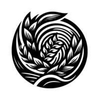 A stylized black and white circular illustration of wheat stalks and leaves arranged in a swirling pattern, evoking a sense of growth and harmony within a defined space. vector