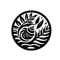 Black and white circular illustration depicting a stylized nautilus shell surrounded by leaves, evoking a sense of serenity. vector