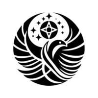 Intricate monochrome emblem of a stylized bird with spread wings, incorporating celestial elements, radiating elegance and a sense of upward flight, set against a clean white backdrop. vector