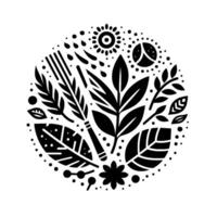 Black and White Circular with Leaves, Sun, Rain, and Floral Elements. Minimalist, NatureInspired Composition. vector