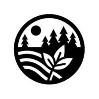 A stark, circular emblem depicts a stylized landscape a sunlit sky above silhouetted pines, flowing fields, and a detailed branch. vector