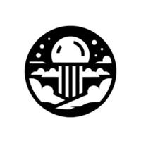 A minimalist, circular emblem featuring a stylized mushroom cloud rising through cloud formations, surrounded by a night sky, all rendered in black and white. vector