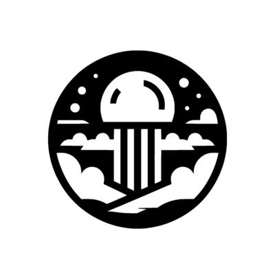 A minimalist, circular emblem featuring a stylized mushroom cloud rising through cloud formations, surrounded by a night sky, all rendered in black and white.