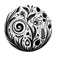 Monochrome Floral Mandala Circular arrangement of stylized flowers, leaves, and spiral elements, creating a balanced on a white background. vector