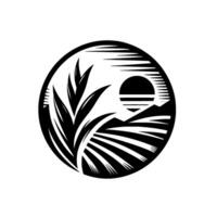 A minimalist, circular emblem depicting a stylized agricultural landscape, featuring a silhouetted sun setting behind rolling hills and fields with long grass in the foreground. vector