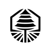 Abstract, geometric featuring a stylized tree enclosed within a hexagonal frame, emanating sunlike rays below. vector