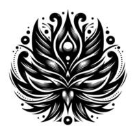An intricate, monochromatic, symmetrical artwork featuring a stylized floral with layered, flowing lines, and circular and dot accents. vector
