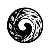An elegant black and white circular featuring a stylized swirling vortex entwined with organic elements like leaves and branches, evoking a sense of balance and harmony. vector