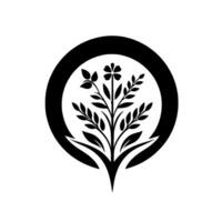 Elegant black and white floral emblem A stylized, symmetrical featuring a central floral arrangement within a circular frame, evoking a sense of nature and simplicity. vector