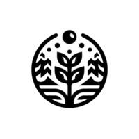A minimalist, circular black and white emblem depicting a stylized tree flanked by abstract trees, with a central plant and a dot array. vector