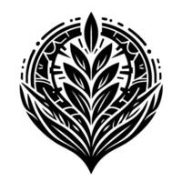 Intricate Monochrome Botanical Illustration A symmetrical arrangement of stylized leaves and geometric patterns within a circular frame, evoking a sense of nature. vector