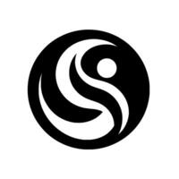 A minimalist black and white circular featuring a curved, flowing shape intertwined with a central dot, evoking balance and harmony. vector