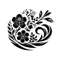 Intricate Black and White Floral A symmetrical, minimalist composition featuring stylized flowers, leaves, and swirling accents arranged within a circular form, on a crisp white background. vector