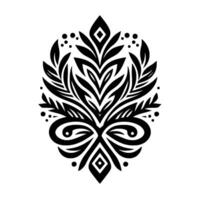 Intricate Black and White Floral Ornament symmetrical featuring stylized leaves, diamond elements, and a flowing bowlike structure, centered against a stark white backdrop. vector