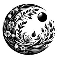 Intricate YinYang Composition Floral Flourishes Encircle a Sphere, in a Harmonious Black and White Botanical Embrace. vector