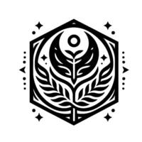 A symmetrical black and white stylized emblem, a floral and celestial within a hexagonal frame. vector