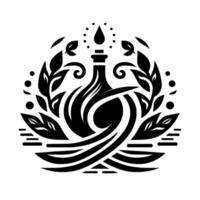 Ornate black and white emblem featuring a stylized bottle, surrounded by foliage, water drops, and swirling patterns, symbolizing alchemy or natural essence. vector