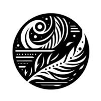 A stylized black and white circular composition, featuring geometric and organic shapes interwoven with a contrast of light and shadow, creating a balanced harmony. vector