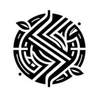 A symmetrical abstract in black and white featuring geometric patterns, leaves, and organic lines, within a circular form. vector