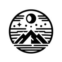 Monochromatic mountain scene within a circle, featuring a stylized mountain range, moon, stars, and horizontal lines representing sky and water, evoking a sense of tranquility. vector