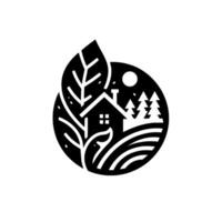 Minimalist black and white emblem serene countryside cabin nestled within a leaf, framed by a circle, incorporating trees, moon, and fields. vector