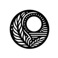 Circular black and white stylized illustration featuring a sun, stars, leaves, and a horizon within an ornate border, creating a symmetrical . vector