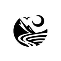 Minimalist Monochromatic Circle Composition Mountain Peak, Flowing River, Crescent Moon, and Soaring Bird. vector