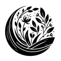 Intricate Black and White Floral Arrangement in a Circle A Stylized Depiction of Botanical Elements with Artistic Flourishes on a Pristine White Background. vector