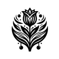Ornate monochrome floral illustration featuring a stylized tulip, symmetrical with leaves, tendrils, and ornamental details, rendered on a clean white backdrop. vector