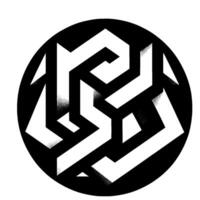 An abstract, geometric in a black circle featuring a threedimensional, interconnected structure with gradient shading, highlighting depth and texture. vector