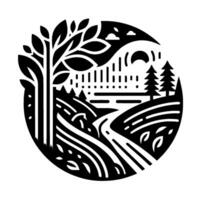 A monochrome landscape illustration within a circle, featuring a stylized tree, rolling hills, a river, and coniferous trees under a sun and cloudy sky. vector