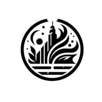 Stylized Black and White Emblem of a Cityscape and Nature Elements Enclosed Within a Circular Frame. vector