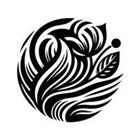 Intricate Black and White Floral , A Stylized Composition of Petals, Leaves, and Swirls, Set in a Circular Arrangement Against a Clean White Background. vector