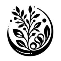 An Elegant Black and White Floral Emblem A Stylized Branch Adorned with Berries and Leaves, Encased in a Semicircle, Evoking Nature and Simplicity. vector