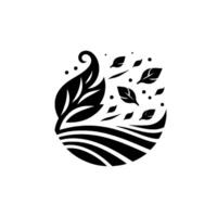 Abstract black and white illustration of leaves swirling within a circle formed by curved lines, symbolizing growth and nature. vector