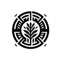 Circular Labyrinth A stylized tree grows at the center of a maze, framed by a geometric black and white pattern, suggesting growth and complexity. vector