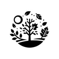 A stylized, minimalist black and white illustration of a tree with surrounding leaves, sun and dots encapsulated in a rounded shape. vector