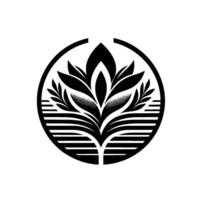 A stylized, symmetrical black and white botanical emblem within a circular frame, depicting a flower with layered petals, leaves and horizontal bars. vector