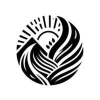 Circular, minimalist black and white artwork with stylized elements representing sun, earth, and organic forms in an abstract composition. vector